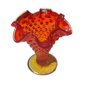 Fenton Vintage Red Hobnail Amberina Art Glass Vase Ruffled Edge 6 Inch Collectib